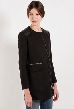 Maje Framboise Cotton Linen Coat 36 Small Black Whipstiched Leather Zip Fringe